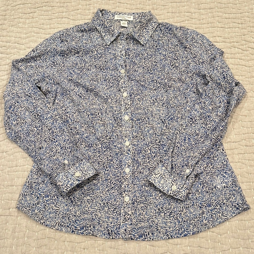 Coldwater Creek Button Down Shirt M Blue No Iron Coastal Work Business Casual